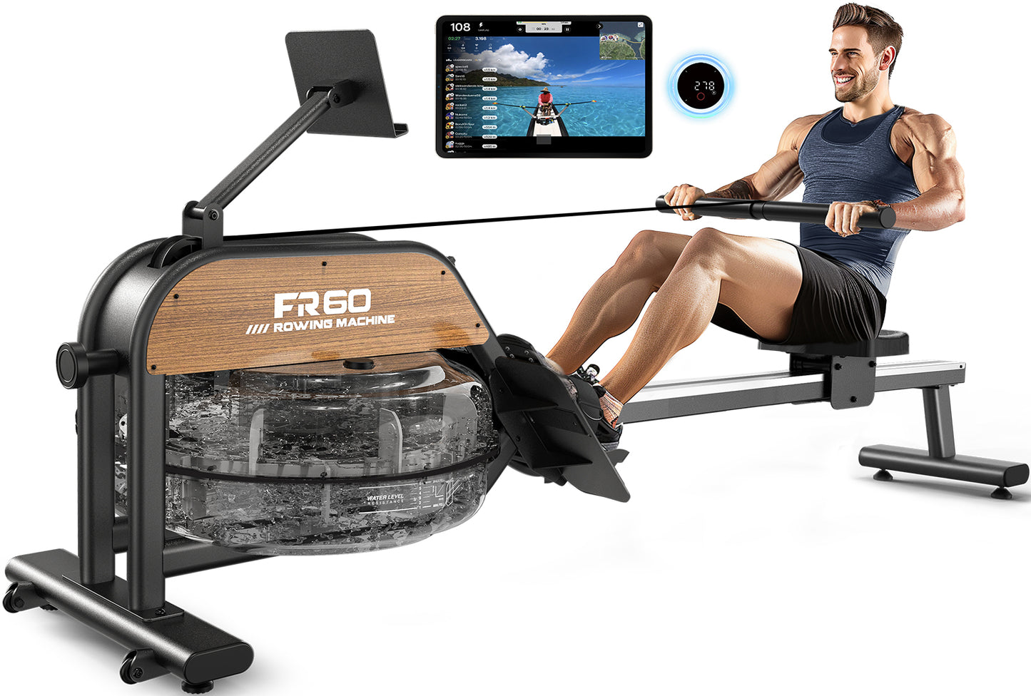 FYSIQ Rudergerät für zuhause, 28L Wassertank Rudergeräte mit LED-Bluetooth Monitor & Verstellbarer Tablet-Halter, Rudermaschine Max Benutzergröße 200cm (FR60)